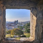 View of the bustling city from the old walls of the Hwaseong Fortress