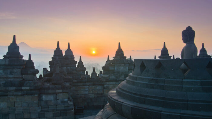 Sunrise Borobudur Temple Stupa in Yogyakarta, Java, Indonesia.