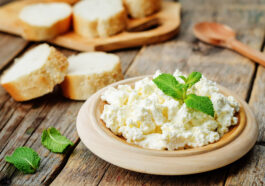 homemade ricotta with bread decorated with mint