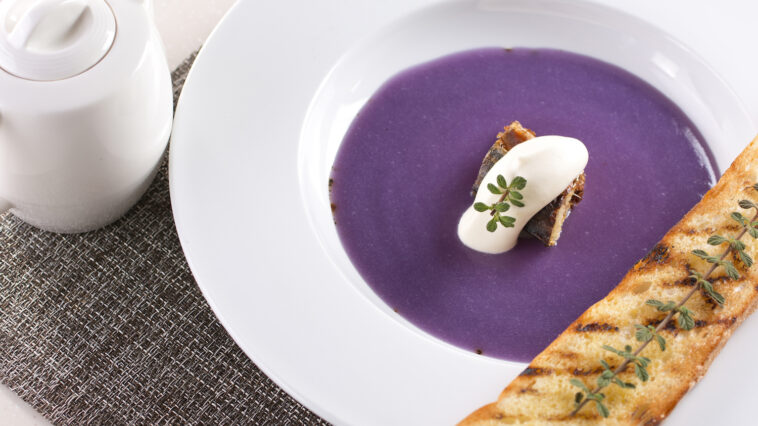 Sweet Purple Potato with Parmesan Cream and Smoke Fish