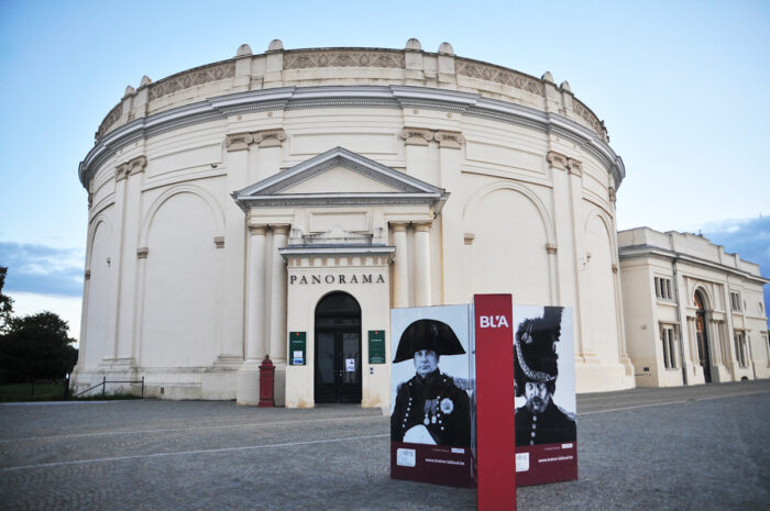Entrance to the panoramic theater with images of Napoleon on the left and Gen. Von Blucher who commanded the Prussian Army