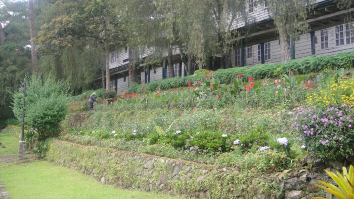 Colorful mountain flowers adorning the facade of the camp's dormitory