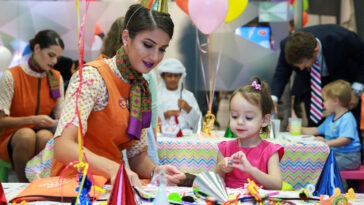 Children enjoying the activities at the Etihad Explorers tea party and children’s activity kit launch event, held at Etihad Airways’ Innovation Training Academy in Abu Dhabi.