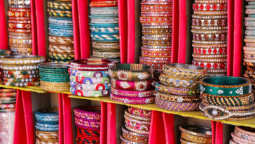 Display of colorful bangels inside City Palace in Jaipur Rajasthan India