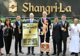 The Executive Committee members of Shangri-La Hotel, Kuala Lumpur, lead by Area General Manager Manfred Weber (centre), celebrating the outstanding achievement. (L-R): Director of Sales & Marketing Cheah Keat Fui, Area Director of Communications Dato’ Rosemarie Wee, Executive Assistant Manager for Rooms Sachin Tyagi, Resident Manager Daniel Kaeflein, Area General Manager Manfred Weber, Director of Engineering Sidharth Chauhan, Area Financial Controller Lim Lian Chee, Executive Chef Olivier Pistre and Executive Assistant Manager for Food & Beverage Christopher Hough.