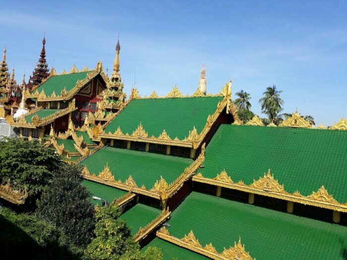 Emerald-colored roof of the entrance gate of Shwedagon Pagoda