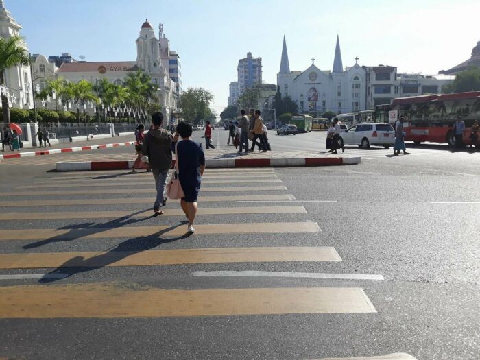 Walking to Maha Bandoola Park to get a good view of Sule Pagoda, Yangon City Hall, and High Court Building
