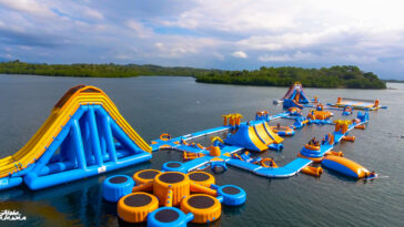 Aerial shot of the Inflatable Island in Kamia Bay Resort.