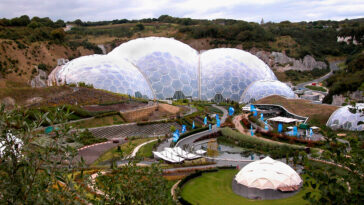 The huge biome stands on this old claypit mine dug in the landscape around St. Austell.