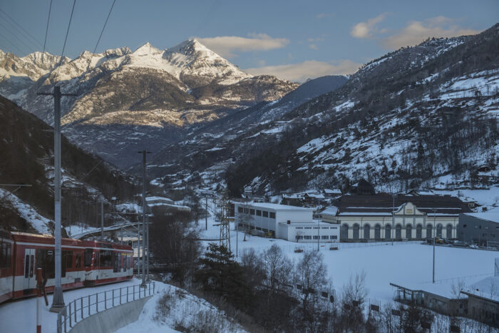 An hour after leaving Zermatt, the sun comes out to brighten up the alps.