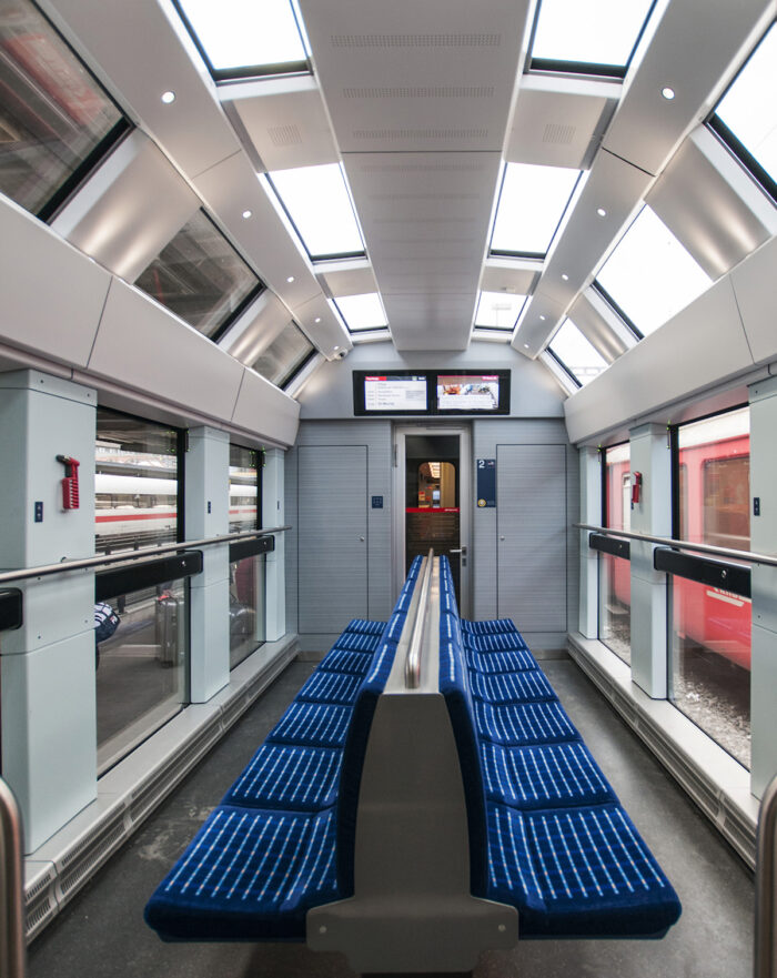 Brand-new panoramic coach on the Zurich-St. Moritz express train.