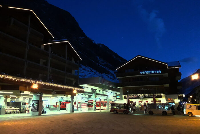 Breaking dawn at the station in Zermatt, the starting point of the Glacier Express journey.