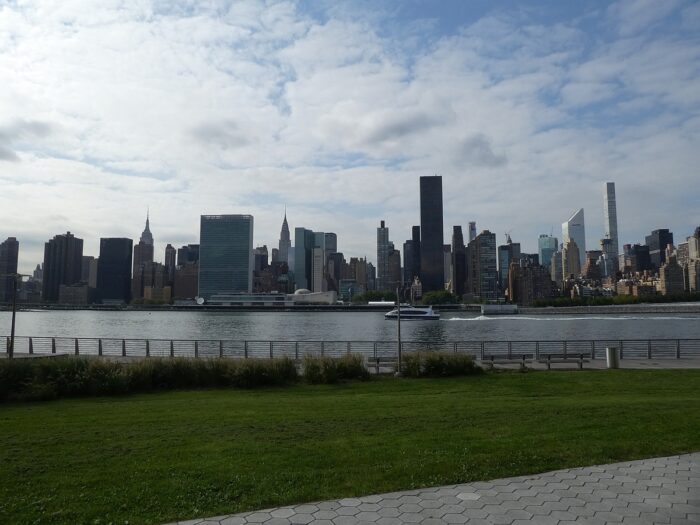 The UN building dominates the NYC skyline view from the Wythe Hotel
