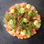 Hendricks Gin and Tonic-Cured King Salmon in Guest Chef Paul Welburn’s menu
