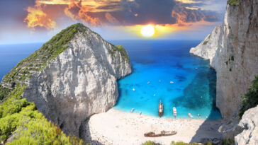 Amazing beach Navagio in Zakynthos, Greece pictures via Depositphotos