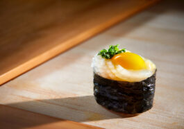Chef Makoto’s specialty sushis include fresh and sweet squid Ika and Quail Egg Yolk Sushi