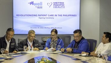 MPIC Chief Finance, Risk and Sustainability Officer and mWell CEO Chaye Cabal-Revilla during the signing ceremony with MPH Chief Executive Officer, Dr. Harish Pillai and MPH Chief Transformation Officer Celso Bernard G. Lopez.
