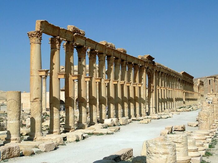 Palmyra, Syria, The Great Colonnade by Bernard Gagnon via Wikimedia cc
