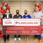 (From L to R) Cheryl Maxine P. Loyola, AVP and Head, PLDT Home Marketing PR, 5-Million PLDT Home Rewards 2022 Grand Giveaway Promo Winner, Partner of 5-Million PLDT Home Rewards 2022 Grand Giveaway Promo Winner, Jason Ignacio, AVP and Head, PLDT Home Loyalty and Planning