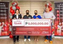 (From L to R) Cheryl Maxine P. Loyola, AVP and Head, PLDT Home Marketing PR, 5-Million PLDT Home Rewards 2022 Grand Giveaway Promo Winner, Partner of 5-Million PLDT Home Rewards 2022 Grand Giveaway Promo Winner, Jason Ignacio, AVP and Head, PLDT Home Loyalty and Planning
