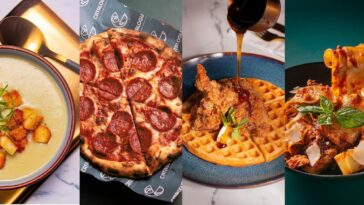 (From left to right): Potato Leek Soup, Sourdough Pepperoni Pizza, Buttermilk Fried Chicken, and Pappardelle Pork Ragu