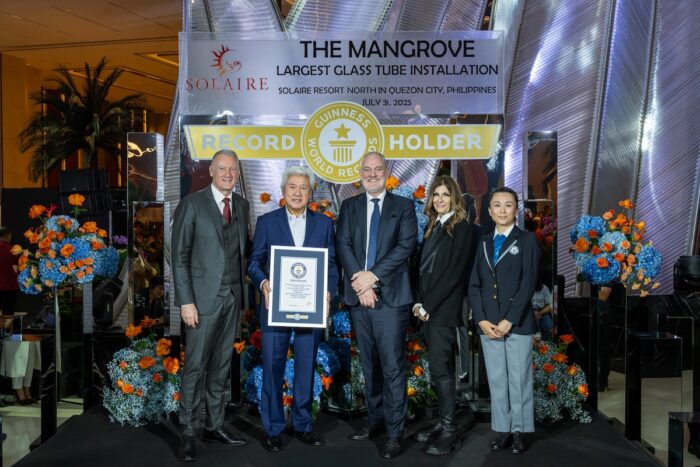 (From L-R) President and Chief Operating Officer of Bloomberry Resorts Corp., Gregory Hawkins,  Bloomberry Resorts Corp. Vice Chairman of Construction and Regulatory Affairs  Donato Almeda, Solaire Resort North Chief Operating Officer Damian Quayle, Habitus Design Group Founder Samantha Drummond, and the official GUINNESS WORLD RECORDS™ Adjudicator Emi Saito