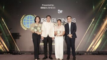 Cebu Pacific officials receive the "Diversity & Inclusion" and "Sustainable Transportation" awards during the ESG Business Awards 2025 in Malaysia. From left: Candice Iyog, CEB Chief Marketing and Customer Experience Officer; Felix Lopez, CEB Chief Human Resources Officer; and Aileen Isidro, CEB Vice President for Corporate Strategy and Risk Officer, with ESG Business Awards judge Jimmy Tee.