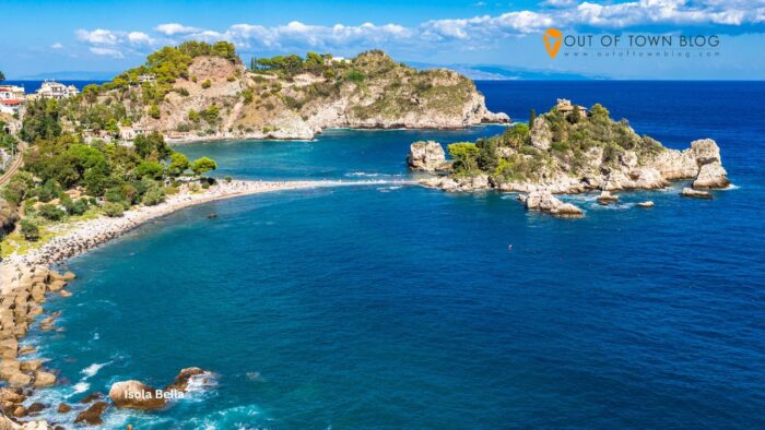 Beautiful beach at Isola Bella in Taormina, Sicily, Italy.