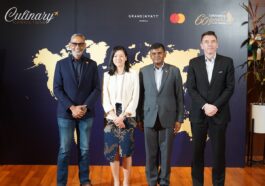 (From left) Mr. Jason Crasto, Country Manager of Mastercard Philippines; Ms. Liwei Tai, General Manager of Singapore Airlines Philippines; Mr. Logaventhan Karuppannan, Chargé d'Affaires ad interim of the Embassy of Singapore in the Philippines; and Mr. Roger Habermacher, General Manager of Grand Hyatt Manila, officially launch Culinary Connections at Grand Hyatt Manila in Bonifacio Global City, Taguig, featuring a menu showcasing flavors inspired by destinations across Singapore Airlines' global network.