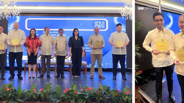 Left photo: Joaquin L. San Agustin, Executive Vice President for Marketing of SM Supermalls (third from left), Junias Eusebio, Vice President for Mall Operations of SM Supermalls (second from left) and other representatives present at the Mabini Awards. Right photo: Joseph Luke Varona, SM Offices Technical Services Head, and Alexis Ortiga, VP and SM Offices Business Unit Head, accept the Bronze Awards for ThreeE-com and FiveE-com at the Apolinario Mabini Awards.