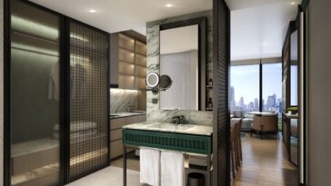 A guest room at Fraser Suites Reserve Bangkok, with views across the Bangkok skyline.
