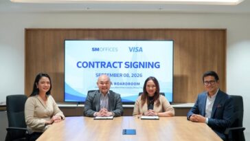 Strengthening partnerships, enabling possibilities. SM Offices and Visa mark their partnership with a contract signing led by Alexis Ortiga (second from left), Vice President and Business Unit Head, SM Offices, and Chari dela Cruz (third from left), Vice President, Global Managed Services and Visa Philippines Solution Center Site Lead, with Maricris Cruz, Head of Leasing, SM Offices, and Jeffrey Navarro, Country Manager, Visa Philippines.
