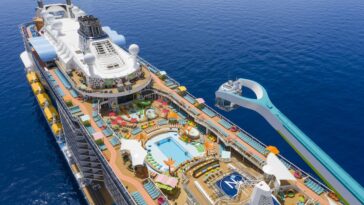 A bird’s-eye view of Odyssey of the Seas, which delivers something for everyone from bow to stern, with 12 experiences that span adventures, from a signature VR, bungee trampoline experience to glow-in-the-dark laser tag, restaurants with