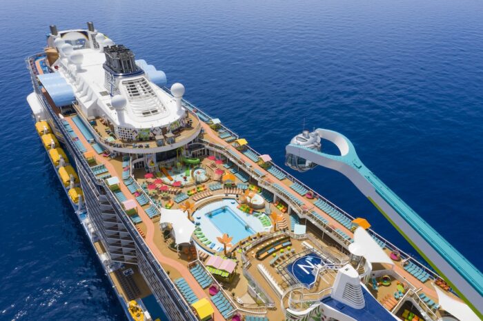 A bird’s-eye view of Odyssey of the Seas, which delivers something for everyone from bow to stern, with 12 experiences that span adventures, from a signature VR, bungee trampoline experience to glow-in-the-dark laser tag, restaurants with