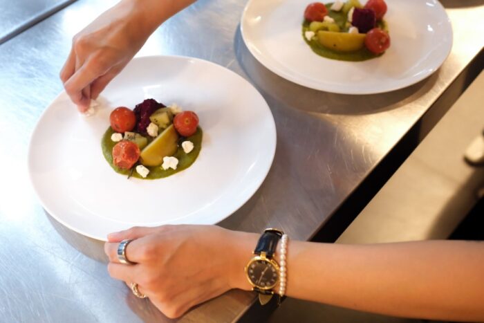 Sun-Kissed Garden: Mixed Fruits, Gazpacho SauceA bright starter of dragon fruit, green apple, and cherry tomato, finished with a creamy gazpacho sauce that hides a kick of heat. 

