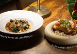 Sinigang Risotto with Grilled Maliputo and Adobo sa Dilaw Chicken Confit, the two featured dishes of PAMANA: Taal, Reimagined.