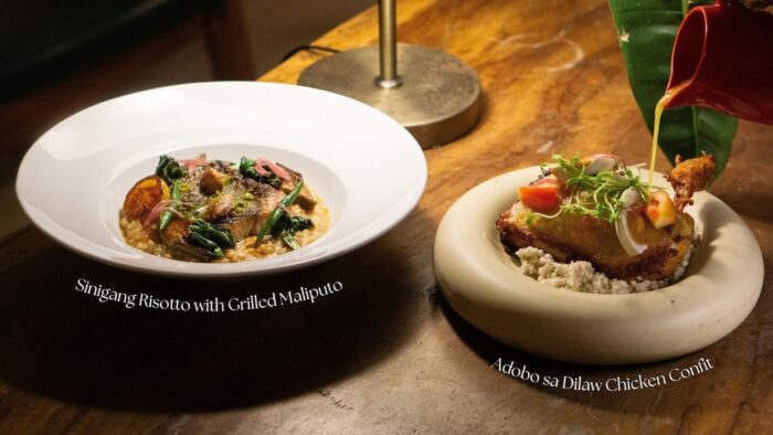 Sinigang Risotto with Grilled Maliputo and Adobo sa Dilaw Chicken Confit, the two featured dishes of PAMANA: Taal, Reimagined.
