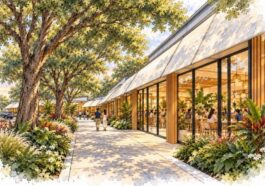 The artist’s early rendering of the planned retail plaza. Concept details remain subject to change.