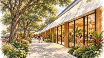 The artist’s early rendering of the planned retail plaza. Concept details remain subject to change.