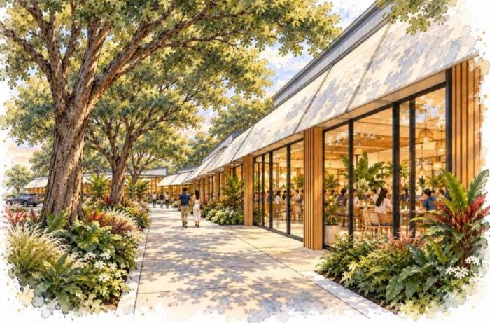 The artist’s early rendering of the planned retail plaza. Concept details remain subject to change.