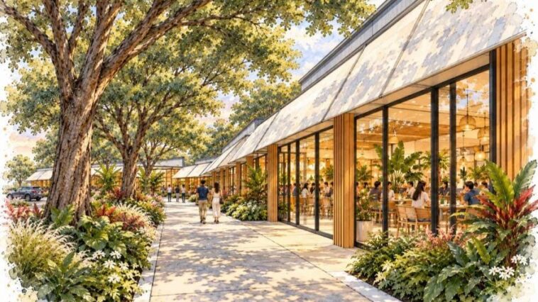 The artist’s early rendering of the planned retail plaza. Concept details remain subject to change.